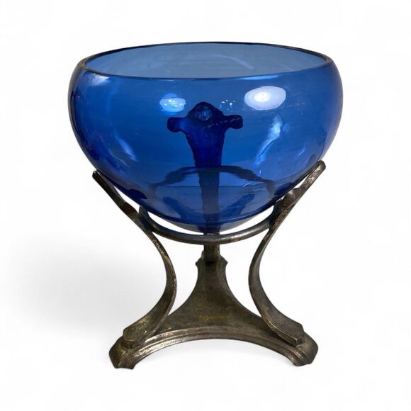 VTG Cobalt Blue Glass Pedestal Compote Apothecary Jar Hand Blown Silver Overlay - Picture 2 of 16